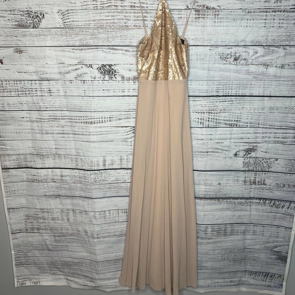 Lulu's Champagne Sequin Maxi Halter Bridal Dress Formal XS - Picture 2 of 4